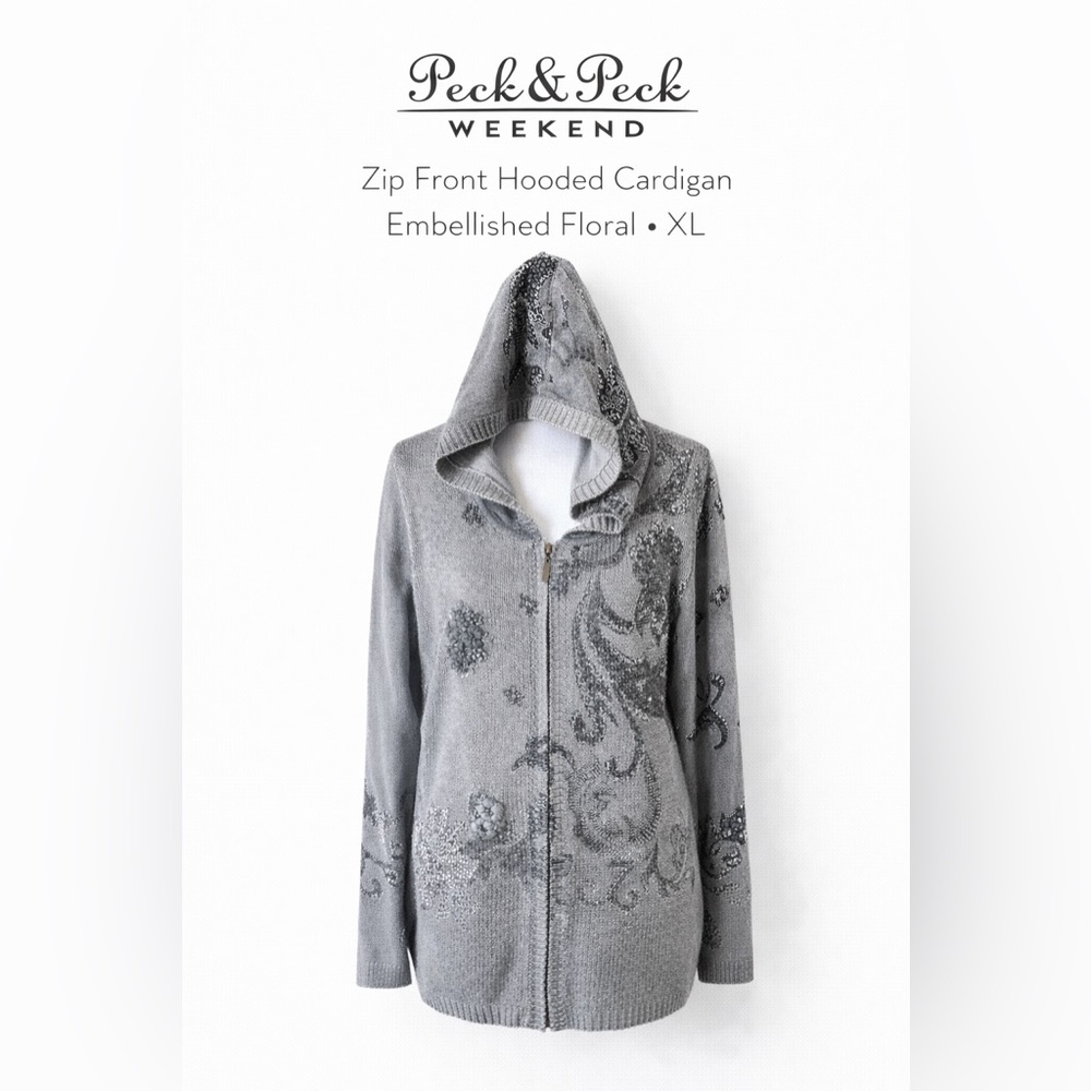 Peck & Peck Gray Embellished Zip Hooded Cardigan